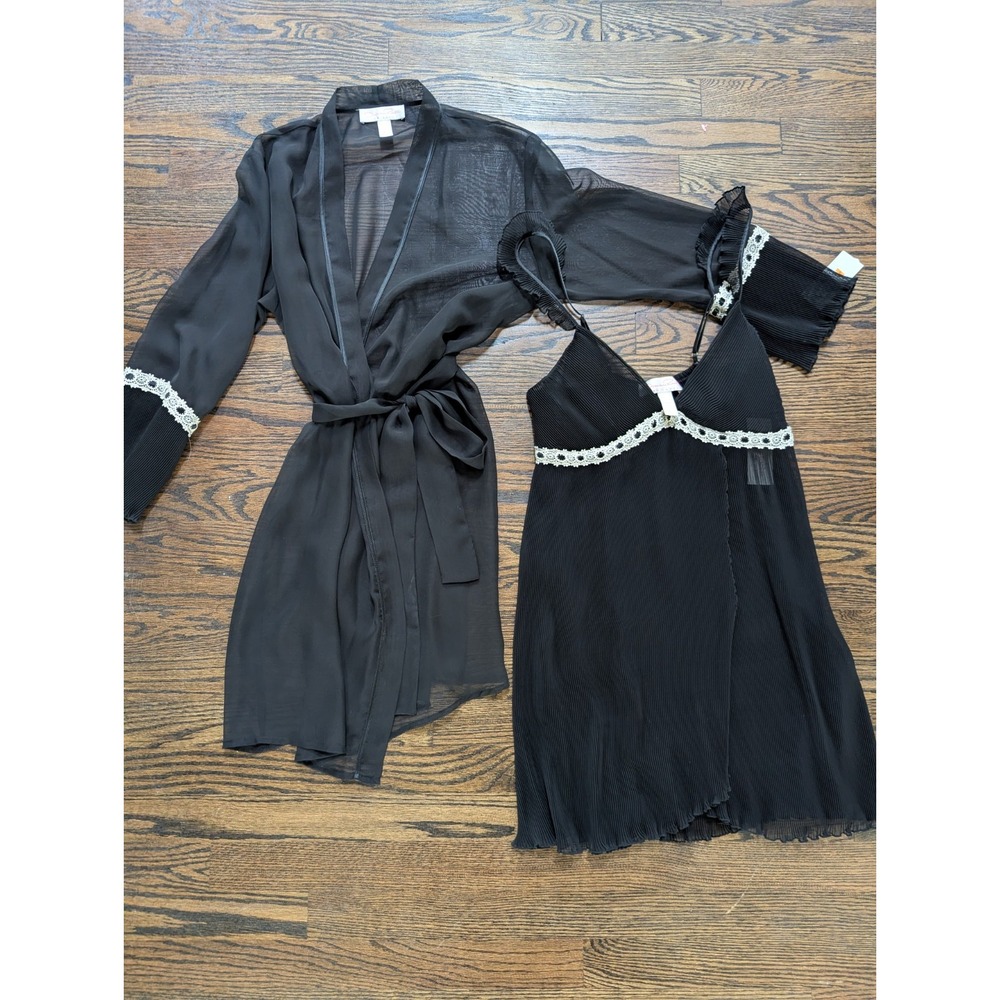 NEW Oscar De La Renta BLACK Sexy Short Robe Gown Set Pink Label Size S Small